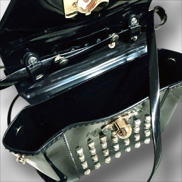 Furla Mini Black Patent Leather Studded Crossbody Bag Made in Italy - Picture 10 of 10